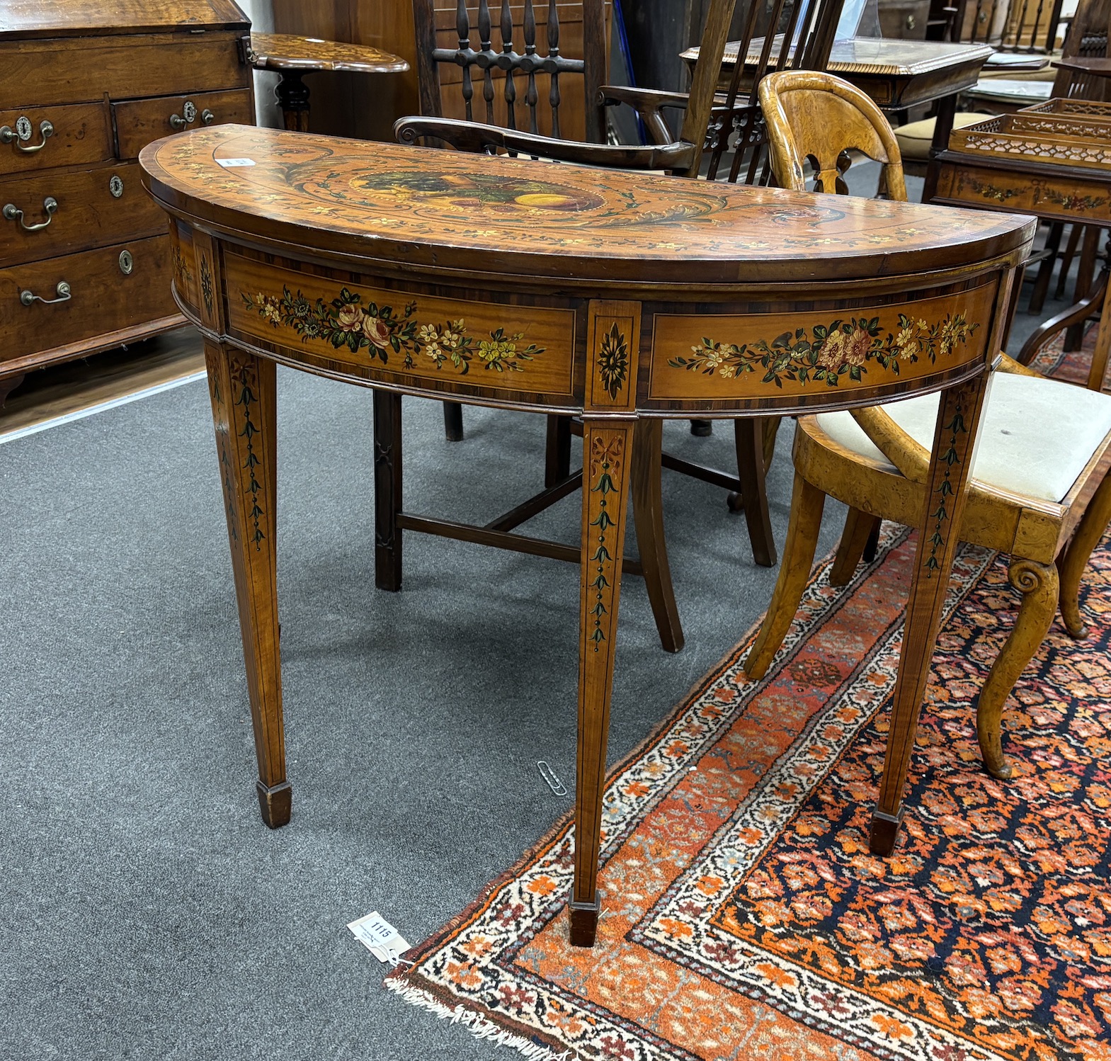 A Sheraton Revival painted rosewood banded satinwood folding card table, width 96cm, depth 43cm, height 72cm